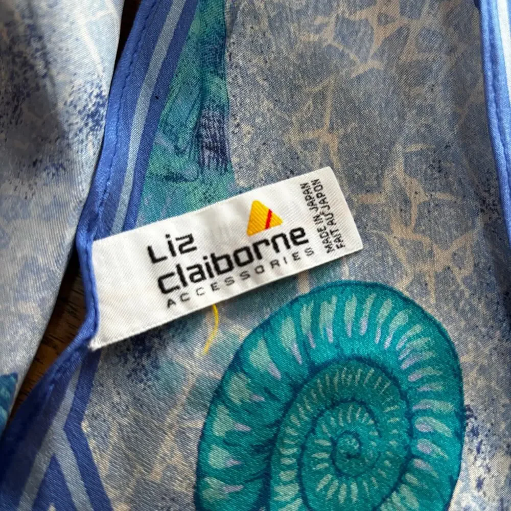 Vintage 80s Liz Claiborne blue silk scarf with pointy ends seashells beach theme